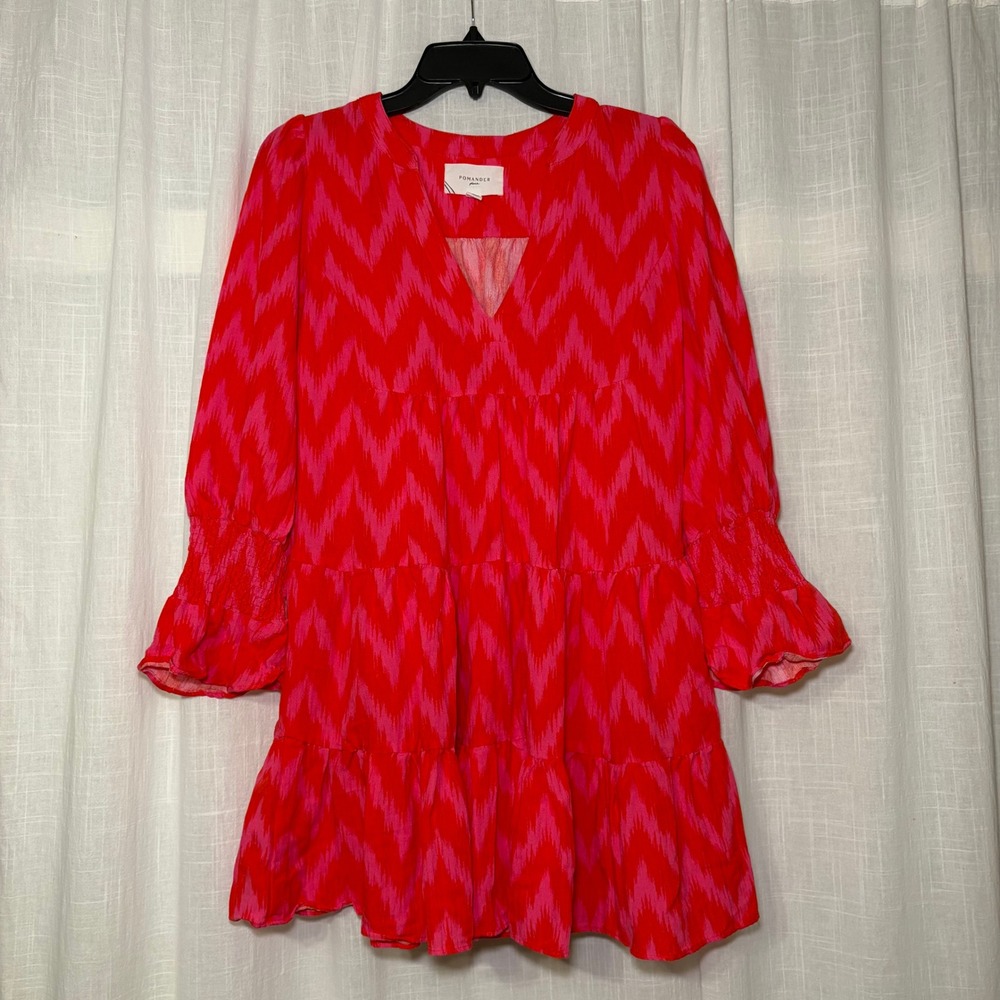 Pomander Place Dress Womens Small Red Pink Chevron Tiered Mini Babydoll V-Neck